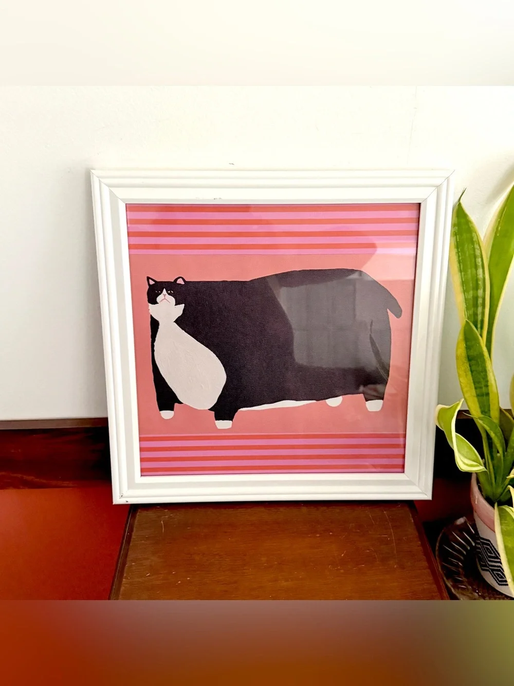 Fat Black & White Cat Pink Red Stripe Quirky White Framed Wall Hanging Art Kitty